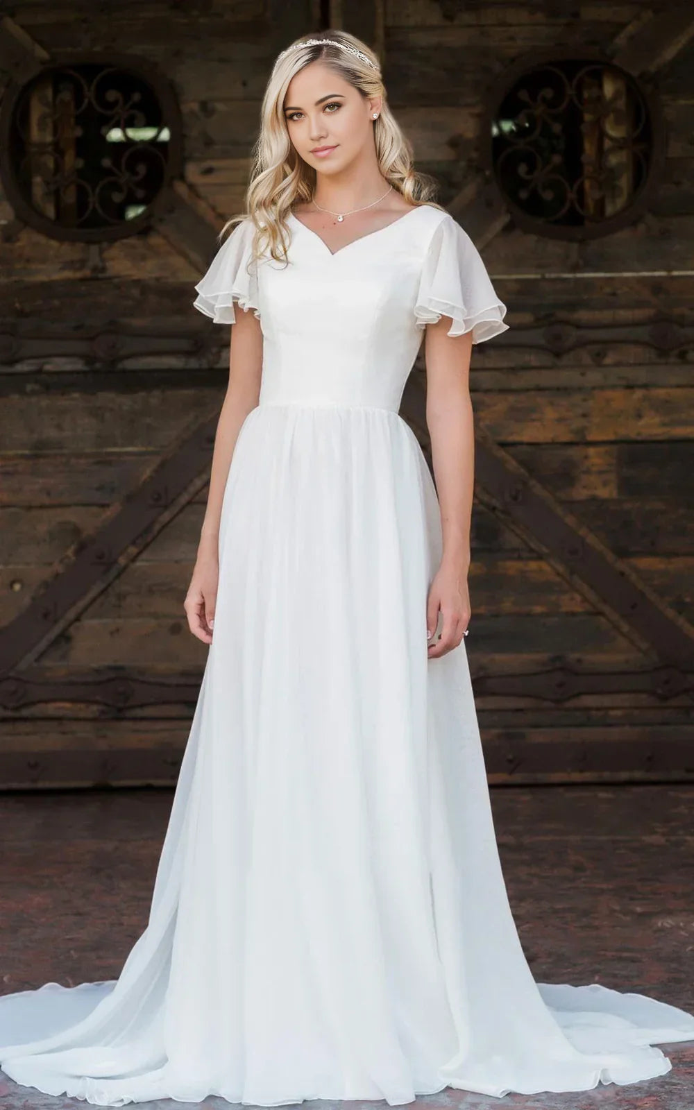 Vestido de novia de gasa con escote en V, largo hasta el suelo, cola, manga corta y volantes